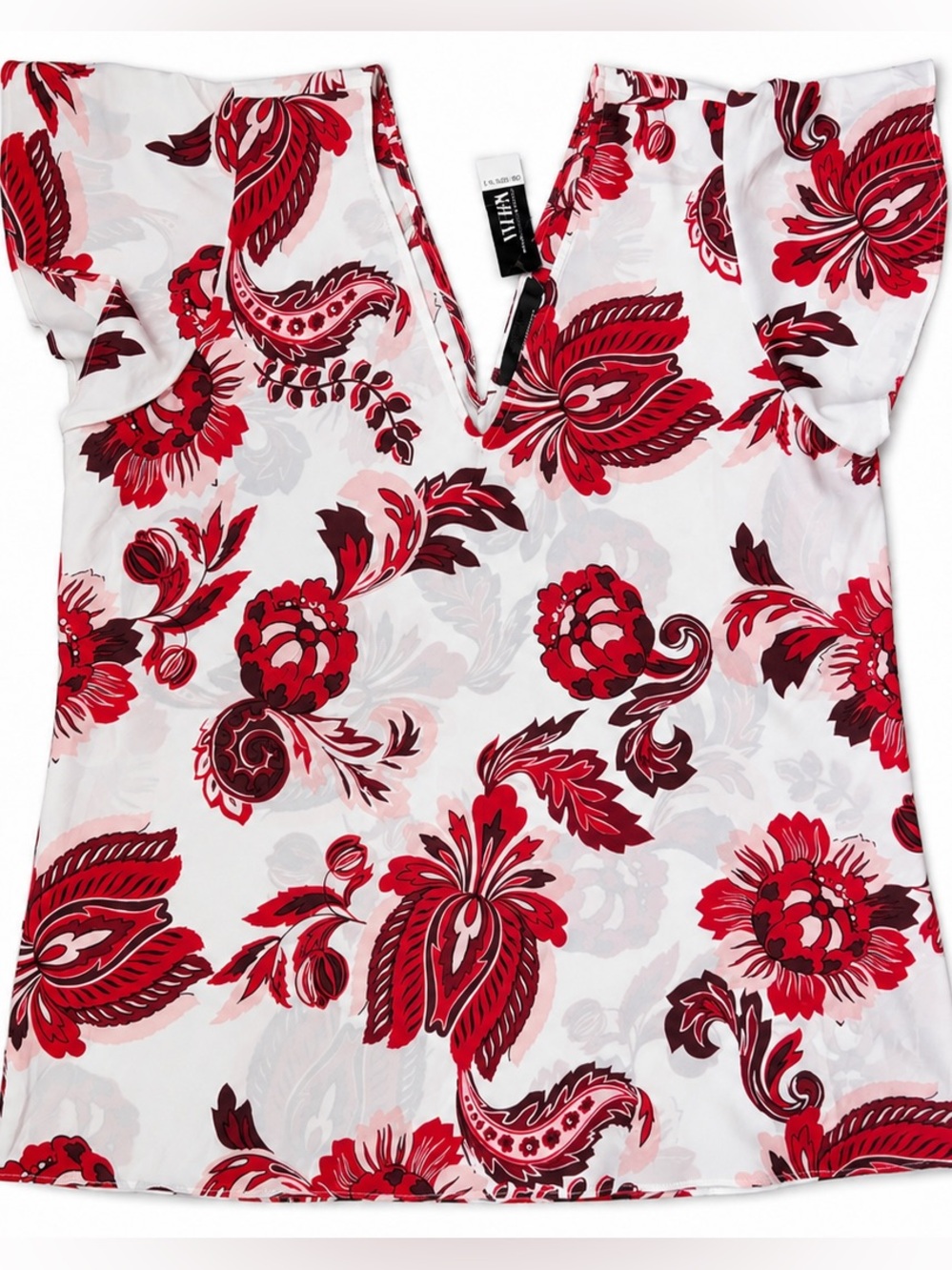 White House Black Market Red Floral Flutter Sleeve Blouse L - Picture 3 of 11